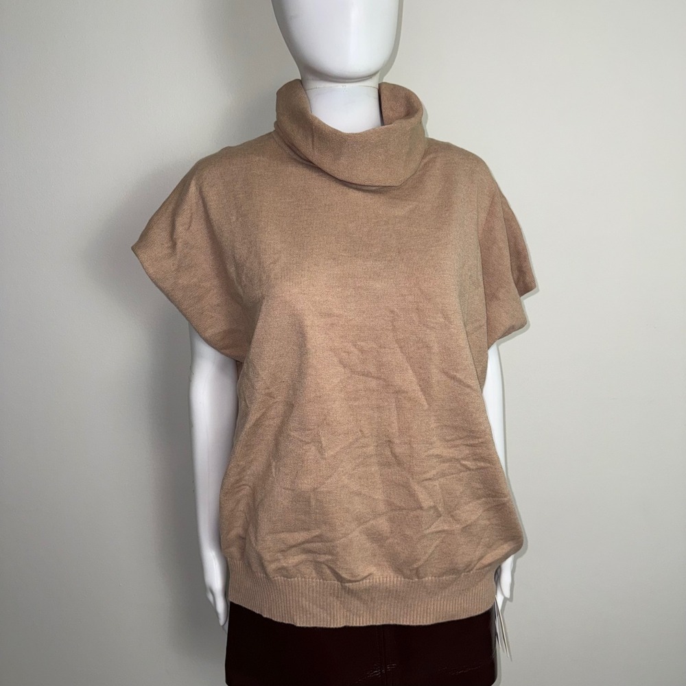 Commense Oversized‎ Tan Cowl Neck Short Sleeve Knit Top Pullover Sweater Sze M